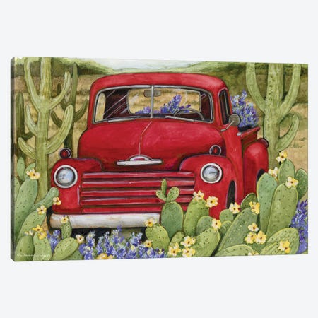 Cactus Desert Red Truck Canvas Print #SWG44} by Susan Winget Art Print