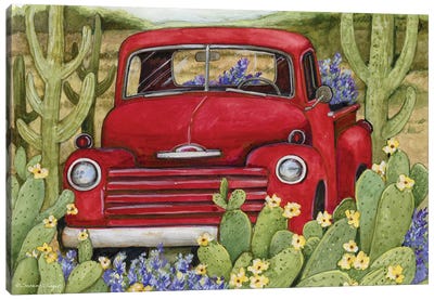 Cactus Desert Red Truck Canvas Art Print - Trucks
