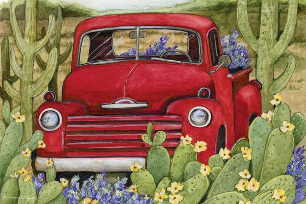 Cacti: Cactus Desert Red Truck by Susan Winget