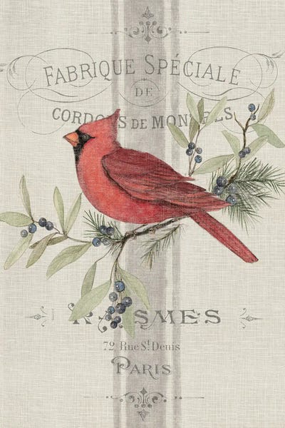 Susan Winget: Cardinal On Branch Linen by Susan Winget