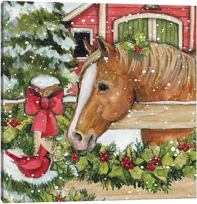Chestnut Horse Canvas Art Print - Christmas Trees & Wreath Art