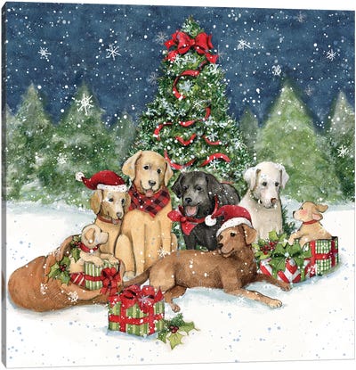 Christmas Dogs Canvas Art Print - Christmas Trees & Wreath Art
