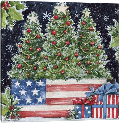 Christmas Trees Flag Box Night Canvas Art Print - Vintage Christmas Décor