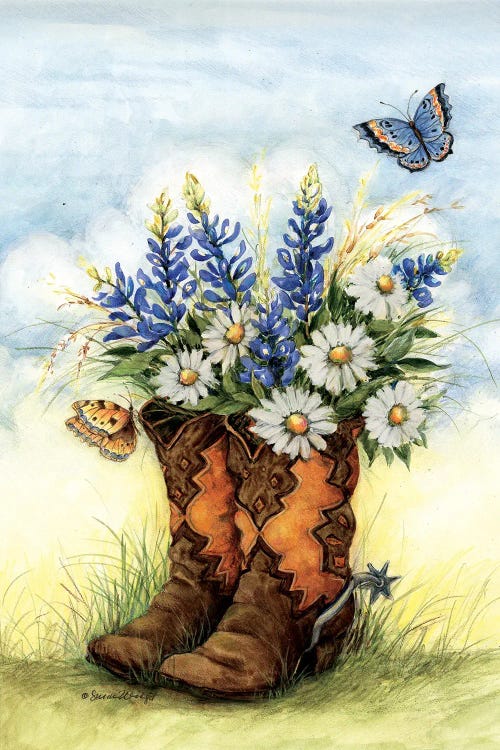 Cowboy Boots Blue Sky Floral Botanical Flowers Bluebonnets art 32x24x1