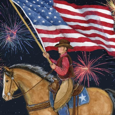 Cowboy Flag Horse Fireworks by Susan Winget framed wall art