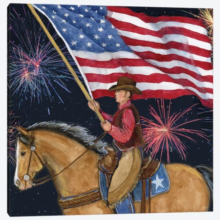 Cowboy Flag Horse Fireworks Canvas Print #SWG61} by Susan Winget Canvas Art