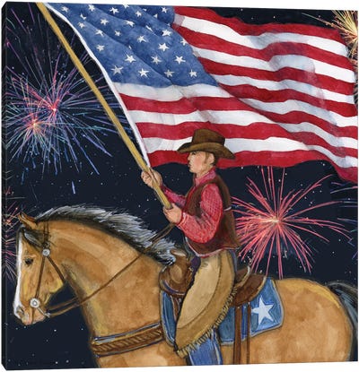 Cowboy Flag Horse Fireworks Canvas Art Print - Susan Winget