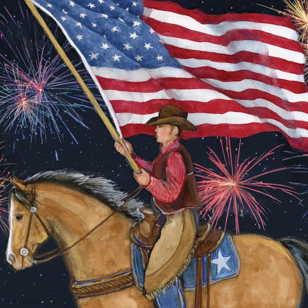 Susan Winget: Cowboy Flag Horse Fireworks by Susan Winget