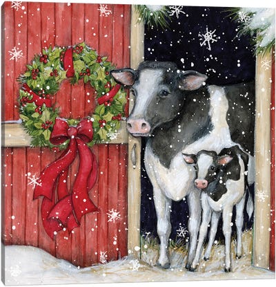 Cows In Barn Canvas Art Print - Christmas Cow Art