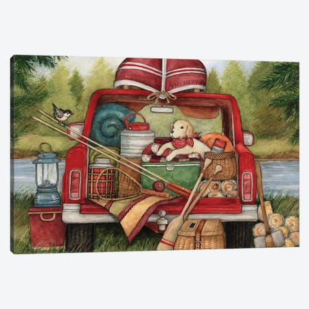 Dog In Truck With Canoe Canvas Print #SWG69} by Susan Winget Canvas Wall Art