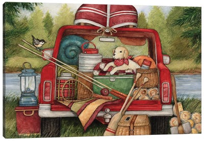 Dog In Truck With Canoe Canvas Art Print - Trucks
