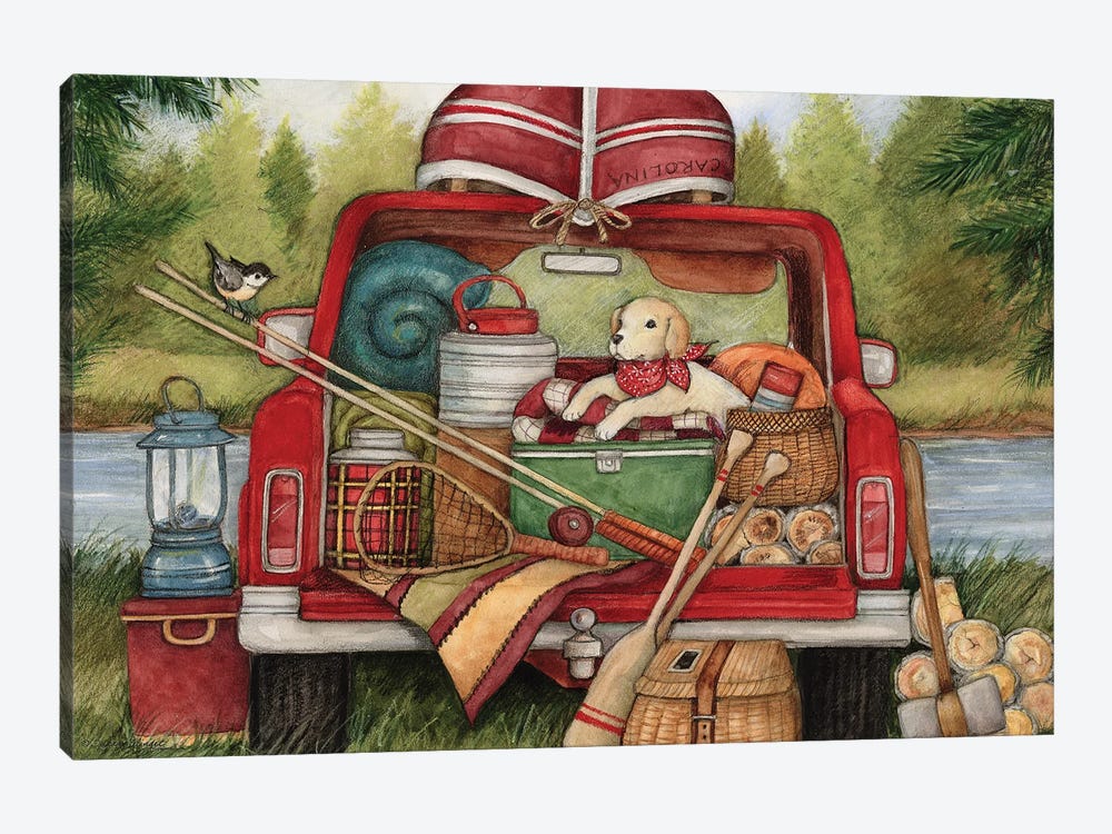 Dog In Truck With Canoe by Susan Winget 1-piece Canvas Wall Art