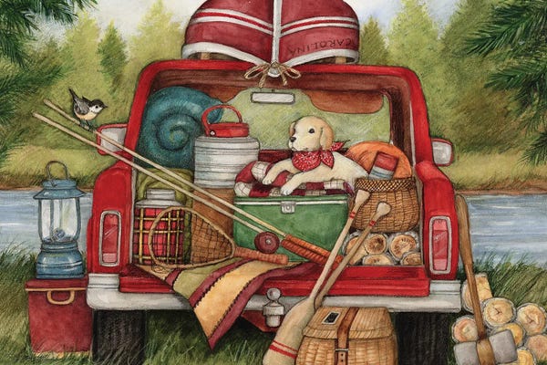 Susan Winget: Dog In Truck With Canoe by Susan Winget