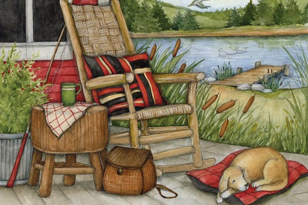 Susan Winget: Dog On Porch-Horizontal by Susan Winget
