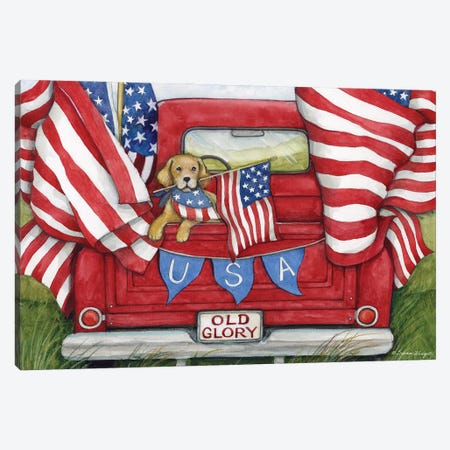 Dog With Flags Red Truck Canvas Print #SWG71} by Susan Winget Canvas Art Print