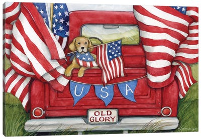 Dog With Flags Red Truck Canvas Art Print - Labrador Retriever Art