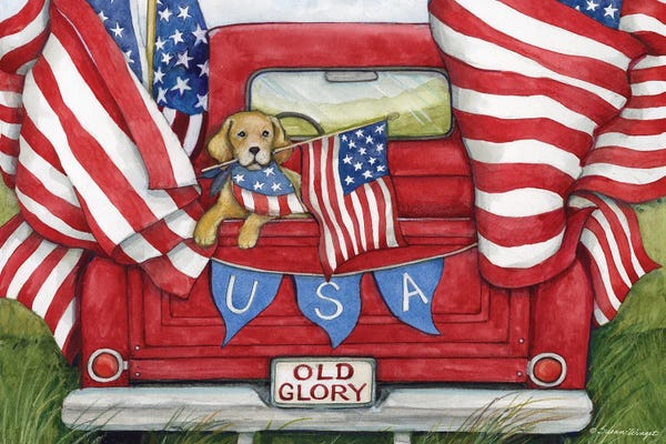 American Flags: Dog With Flags Red Truck by Susan Winget
