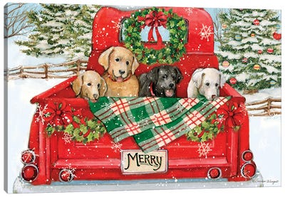 Dogs In Truck Canvas Art Print - Farmhouse Christmas Décor