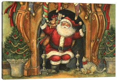 Down The Chimney Canvas Art Print - Santa Claus Art