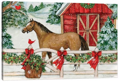 Bay Horse Canvas Art Print - Christmas Trees & Wreath Art