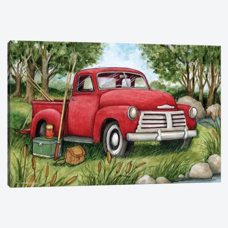 Fishing Red Truck Canvas Print #SWG84} by Susan Winget Art Print