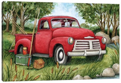 Fishing Red Truck Canvas Art Print - Trucks