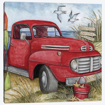 Beach Red Truck Canvas Print #SWG8} by Susan Winget Canvas Artwork
