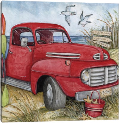 Beach Red Truck Canvas Art Print - Trucks