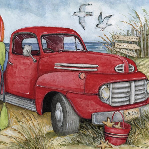 Susan Winget: Beach Red Truck by Susan Winget