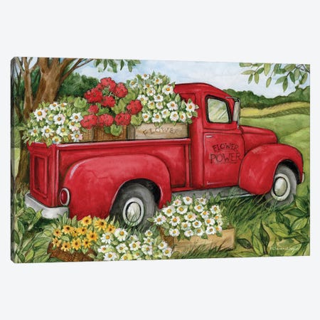 Flower Red Truck Canvas Print #SWG91} by Susan Winget Canvas Print