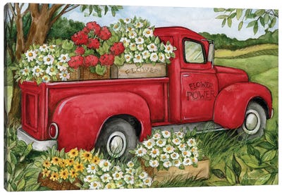 Flower Red Truck Canvas Art Print - Trucks