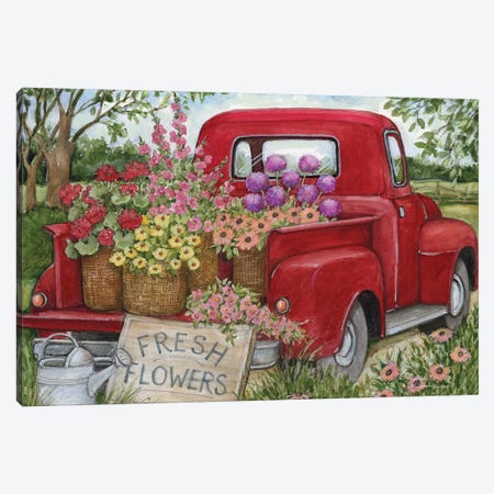 Fresh Flowers Red Truck Canvas Print #SWG94} by Susan Winget Canvas Art