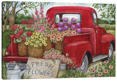 Fresh Flowers Red Truck Canvas Art Print - Gardening Art