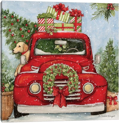 Front Of Red Truck Canvas Art Print - Vintage Christmas Décor