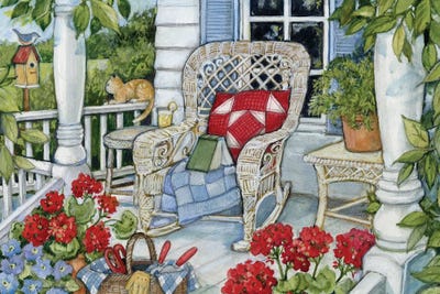 Front Porch With White Rocker by Susan Winget framed canvas print