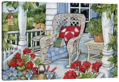 Front Porch With White Rocker Canvas Art Print - Geranium Art