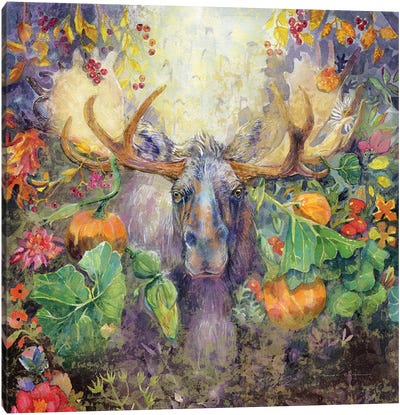 Moose In The Pumpkins Canvas Art Print - Pumpkins