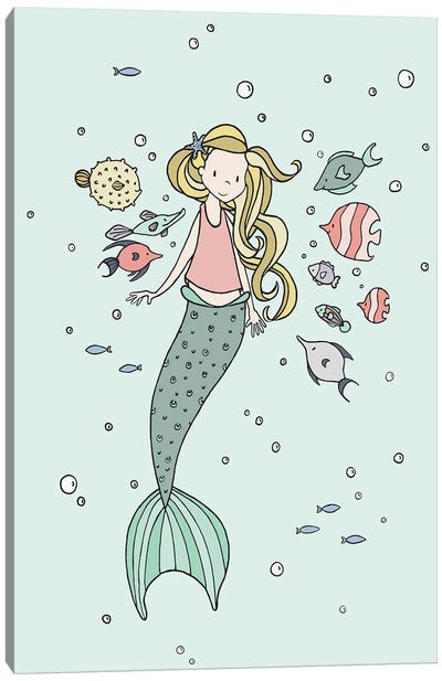Mermaid And Fish Buddies Canvas Art Print - Sweet Melody Designs