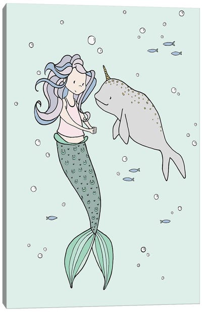 Mermaid And Narwhal Buddies Canvas Art Print - Sweet Melody Designs