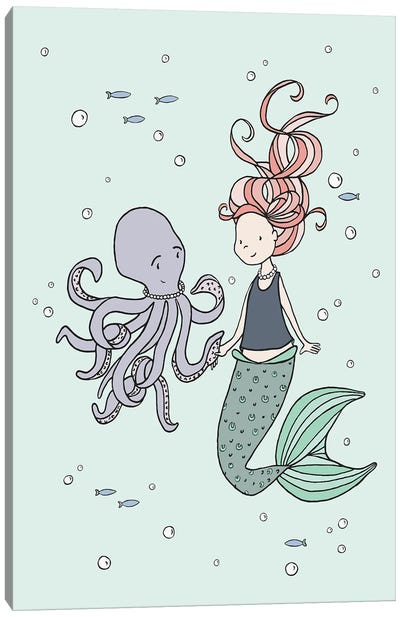Mermaid And Octopus Buddies Canvas Art Print - Sweet Melody Designs