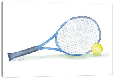 Blue Tennis Racket And Ball Canvas Art Print - Susan Windsor