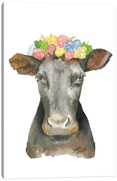 Angus Cow With Floral Crown Canvas Art Print - Susan Windsor