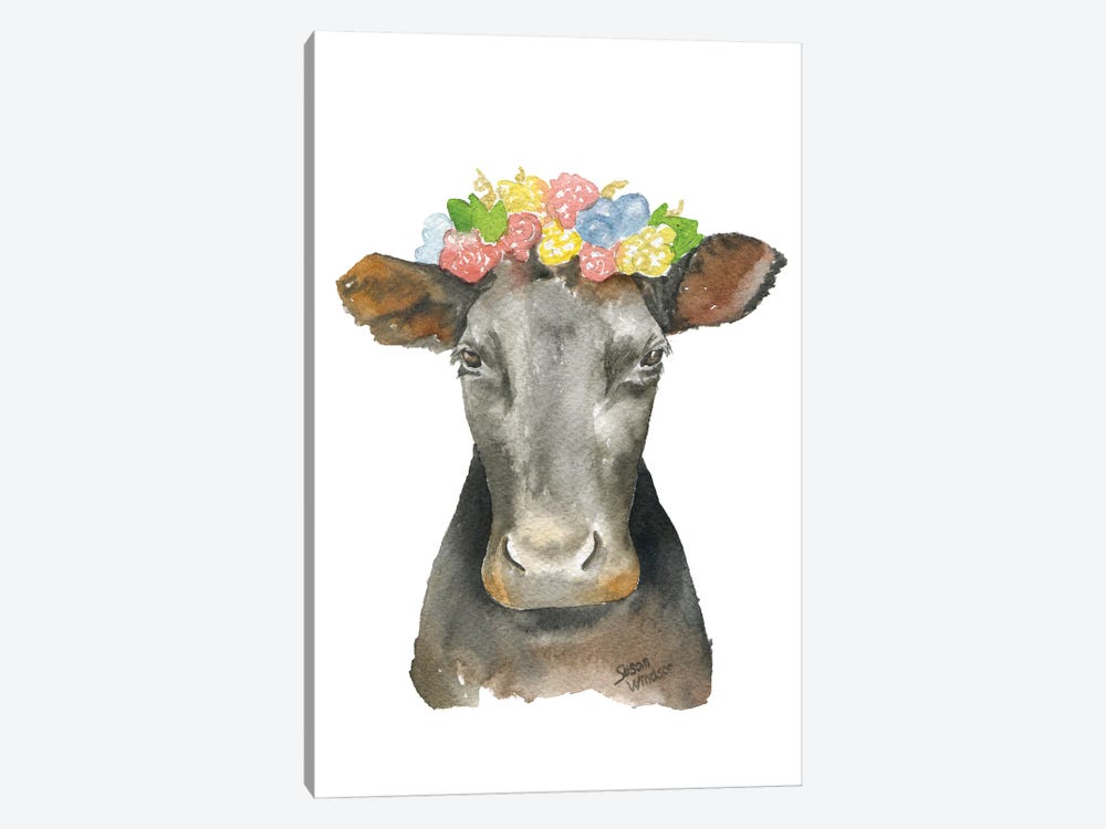 Angus Cow With Floral Crown by Susan Windsor 1-piece Canvas Wall Art