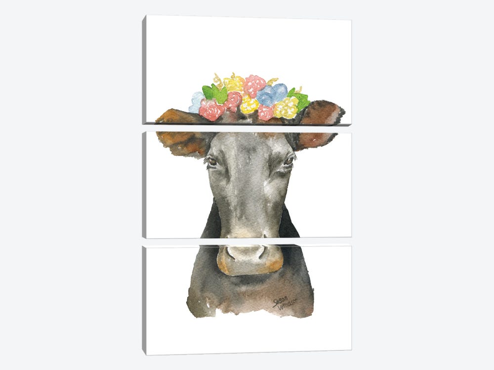 Angus Cow With Floral Crown by Susan Windsor 3-piece Canvas Art
