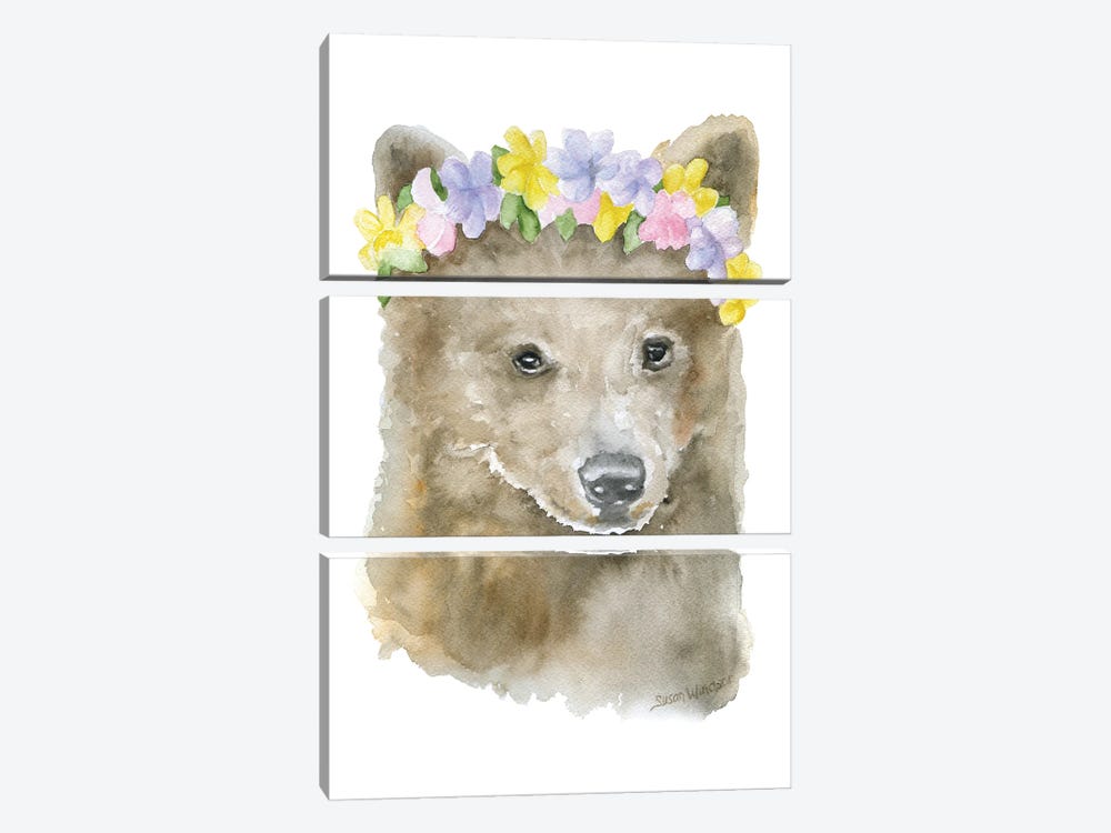 Brown Bear With Flowers by Susan Windsor 3-piece Canvas Wall Art