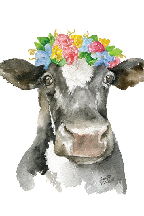 Black And White Cow With Flowers