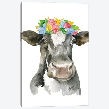 Black And White Cow With Flowers Canvas Print #SWO27} by Susan Windsor Art Print