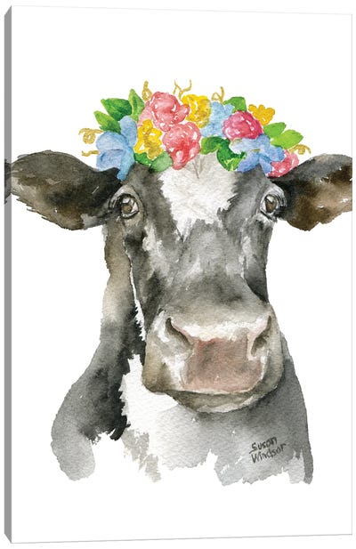 Black And White Cow With Flowers Canvas Art Print - Susan Windsor