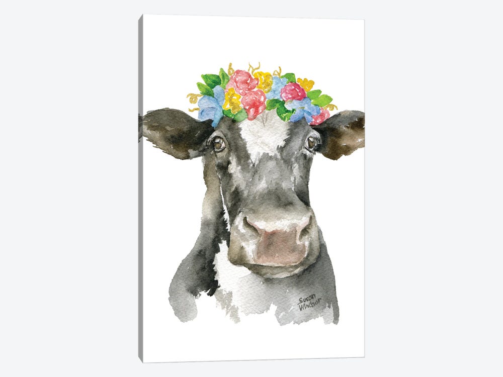 Black And White Cow With Flowers by Susan Windsor 1-piece Canvas Art Print