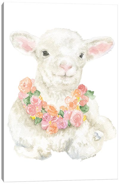 Lamb With A Floral Wreath Canvas Art Print - Easter Art